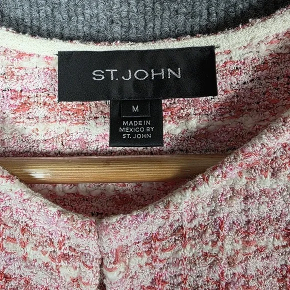 St John Jacket M Pink Tweed Knit Cardigan Duster Long Blazer Wool Blend Sweater - Picture 7 of 13